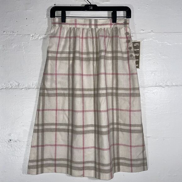 NWT Plaid A-Line Skirt Beige Pink Check Made in USA Size 10 Dead Stock 80s - Picture 2 of 14